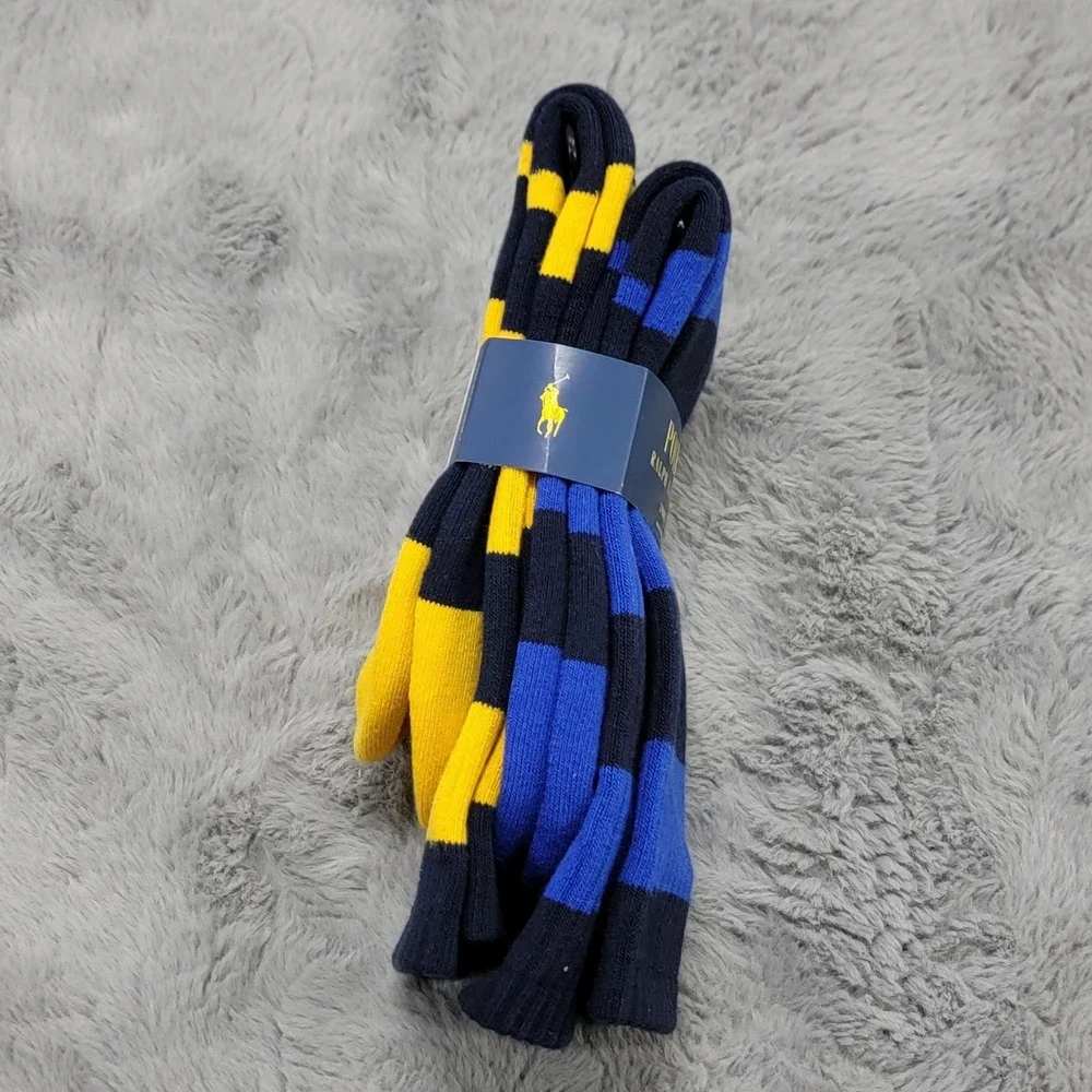 Polo Ralph Lauren Socks Mens 10-13 Blue Yellow Rugby Stripe Crew 2 Pairs